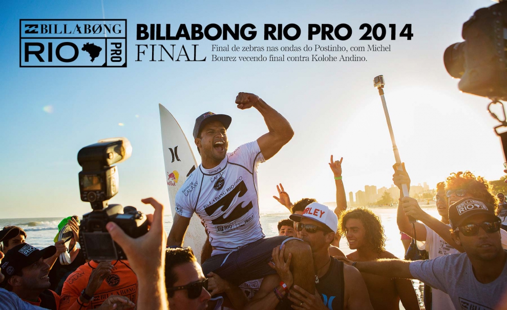 O Billabong Rio Pro 2014 teve seu desfecho nas ondas do Postinho com ainda mais zebras. Depois da improvável eliminação dos brasileiros antes do Round 4 (com exceção de Mineirinho), outros favoritos também caíram e Kolohe Andino subiu ao pódio pela primeira vez em sua carreira do WCT como vice para Michel Bourez. Foto: Kirstin/ASP