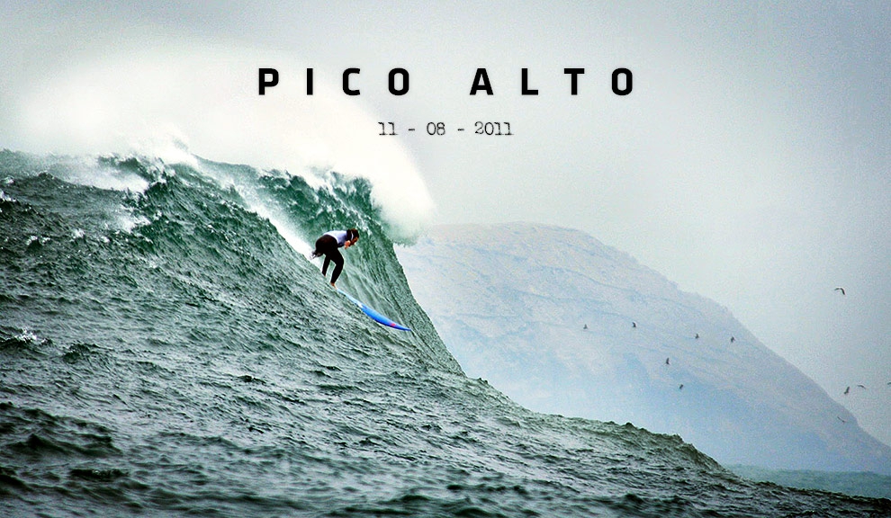 O local conhecedor dos caminhos de Pico Alto, Sebastian de Romana, fazendo um drop no limite durante a segunda etapa do Big Wave World Tour 2011. Foto: Rommel Gonzales / BWWT.